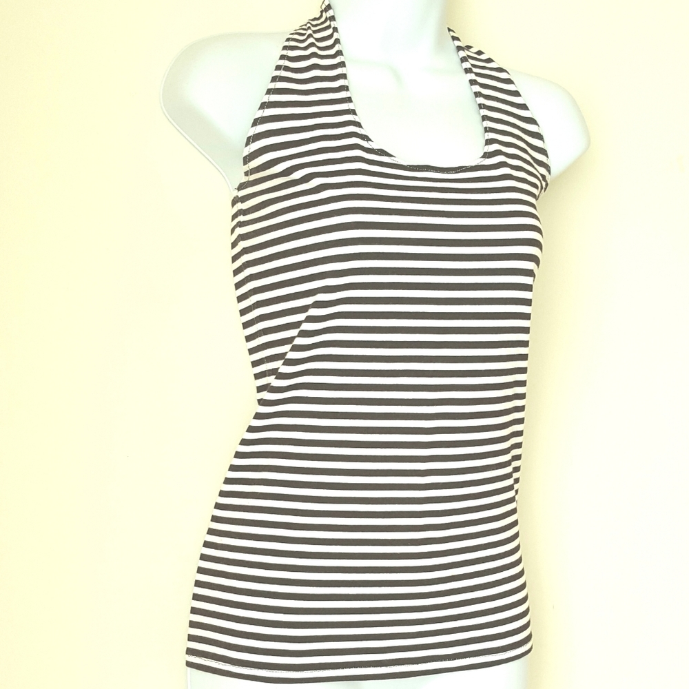 {Halter Top} Cotton Black White Stripes